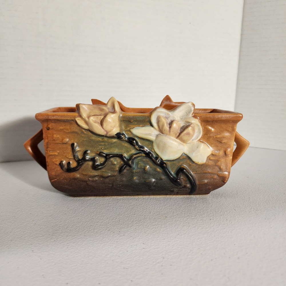 Roseville Pottery Magnolia Brown Window Box Planter 386-8 VTG Art Deco Floral